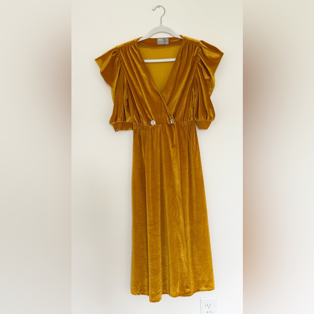 ASOS Yellow Ruched Puff Sleeve V-Neck Gown